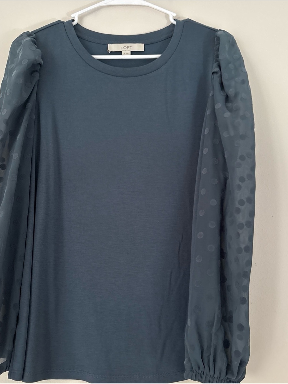 LOFT Slate Blue Long-Sleeve Top with Sheer Polka Dot Sleeves